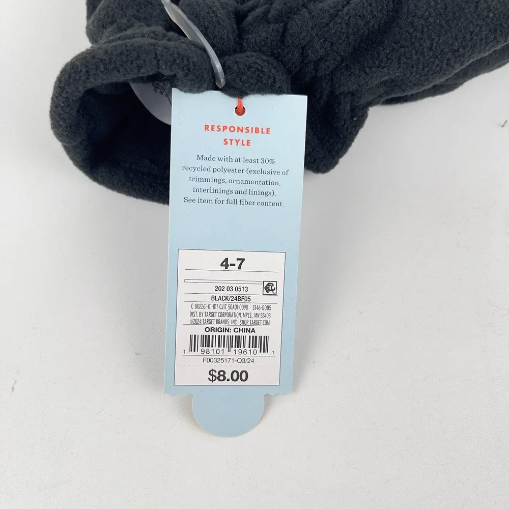 Pair of 2 Cat & Jack Flip‎ Mitten Glove Kids Size 4-7 Black Fleece Fingerless